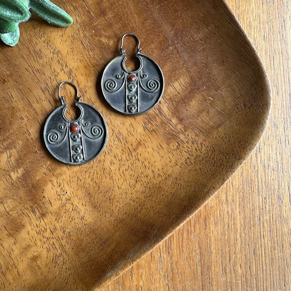 Silver and Red Pretty Boho Circular Pierced  Earrings